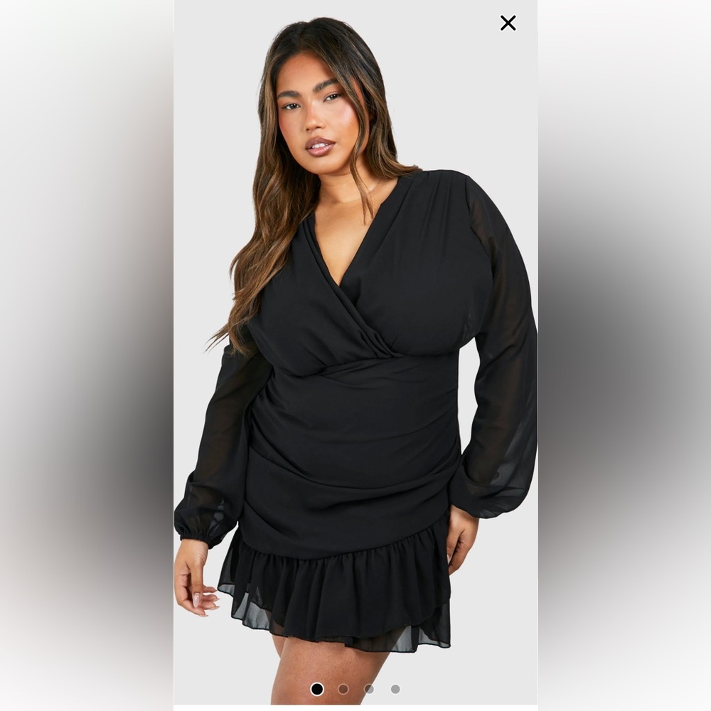 Boohoo Plus Black Chiffon Long Sleeve Ruffle Wrap Dress Size 16